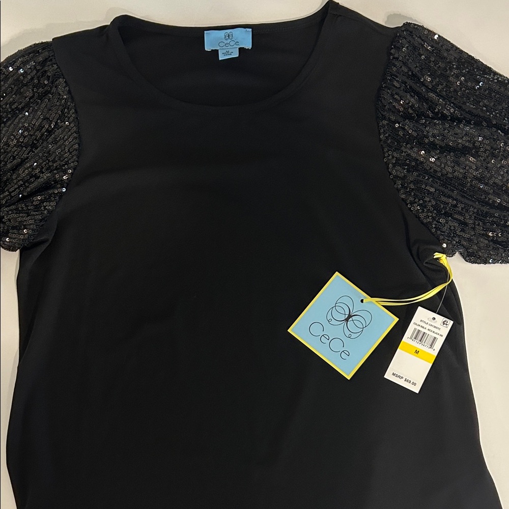 CeCe Black Top with Sequin Sleeves